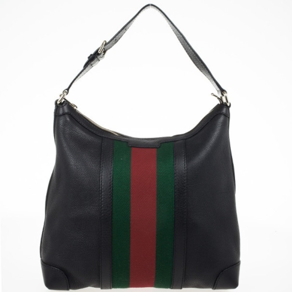 Gucci Black Leather Red Green Stripe Hobo